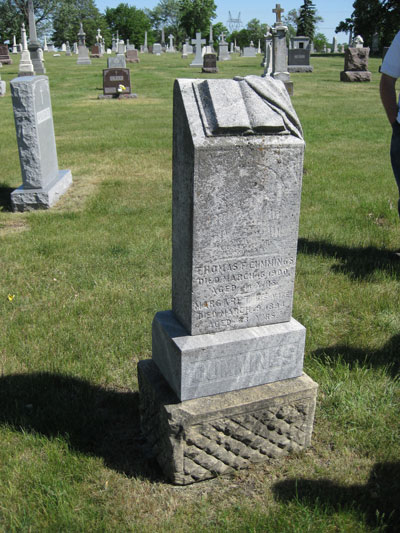 The upright marker of Thomas and Margaret Cummings before service.
